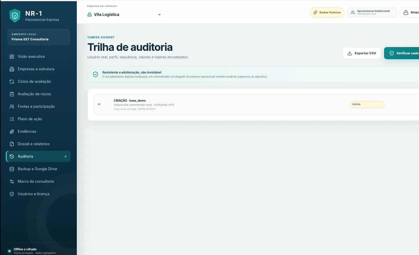 Tela real do software: Trilha de auditoria, com dados fictícios
